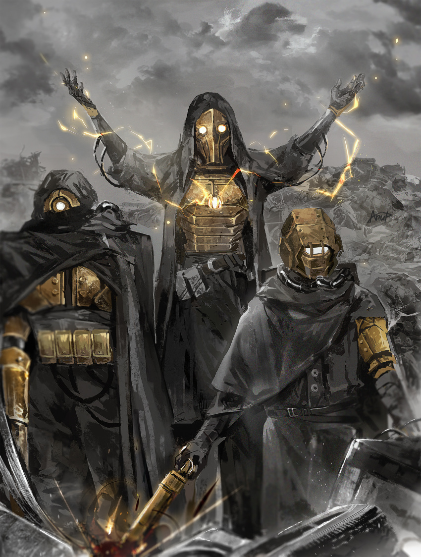 3others, anupatten, arms_up, arnold_(project_moon), black_cape, black_gloves, black_tunic, cape