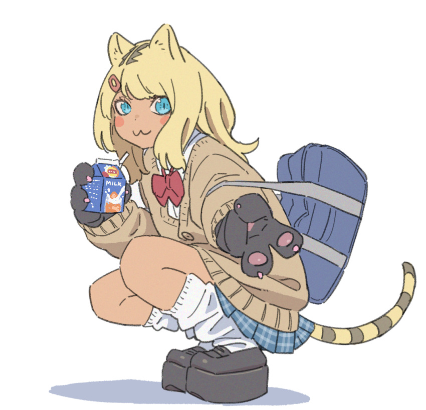1girl, animal_ears, animal_hands, bag, black_gloves, black_shoes, blonde_hair, blue_bag
