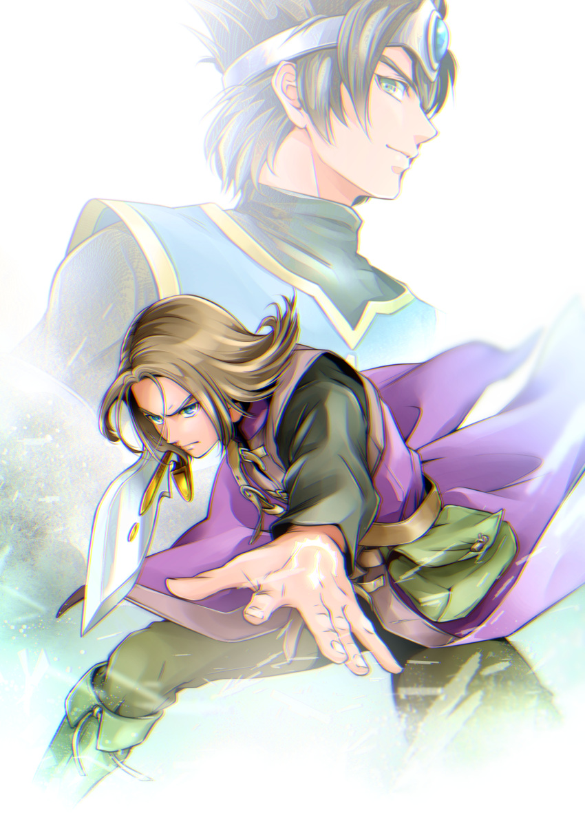 2boys, ancestor_and_descendant, aqua_eyes, black_hair, black_shirt, blue_gemstone, brown_hair, chromatic_aberration