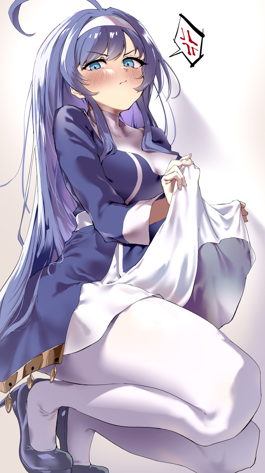 1girl, absurdres, ahoge, anger_vein, blue_dress, blue_eyes, blue_hair, breasts