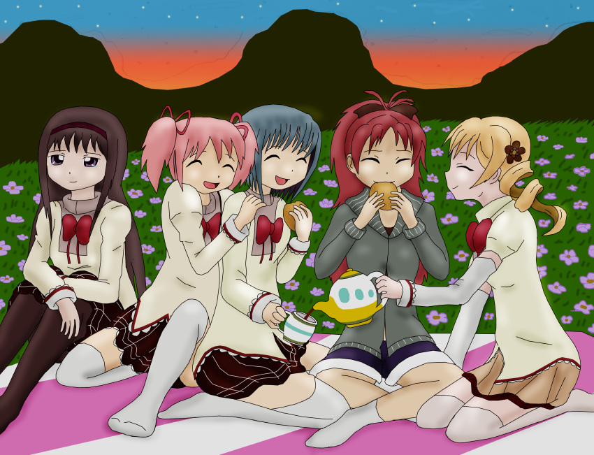 5girls, absurdres, akemi_homura, cup, highres, holy_quintet, kaname_madoka, mahou_shoujo_madoka_magica, majka626, miki_sayaka, multiple_girls, picnic, picnic_blanket, sakura_kyoko, sitting, sunset, tea, teacup, teapot, tomoe_mami