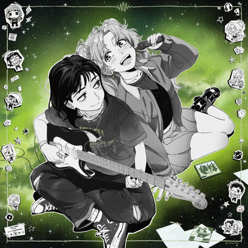 4boys, 6+girls, :d, apron, band_shirt, beanie, bracelet, brothers