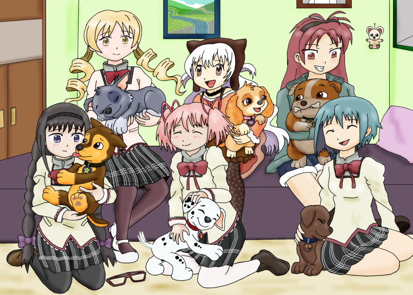 5boys, 6+girls, akemi_homura, bedroom, chase_(paw_patrol), crossover, highres, kaname_madoka, mahou_shoujo_madoka_magica, majka626, marshall_(paw_patrol), miki_sayaka, momoe_nagisa, multiple_boys, multiple_girls, paw_patrol, rubble_(paw_patrol), sakura_kyoko, skye_(paw_patrol), tomoe_mami, zuma_(paw_patrol)