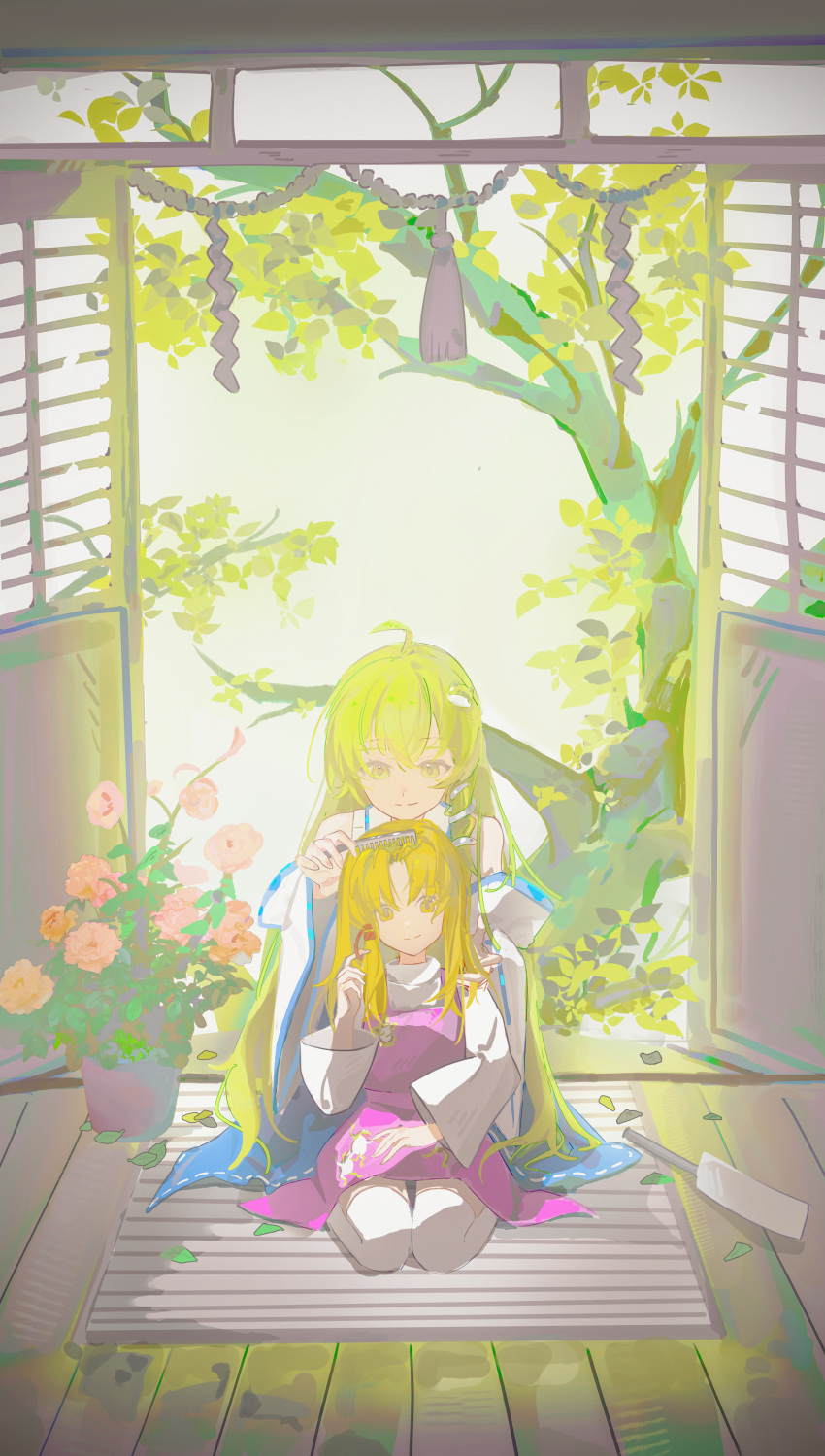 2girls, absurdres, ahoge, animal_print, bare_shoulders, blonde_hair, blue_skirt, brushing_hair