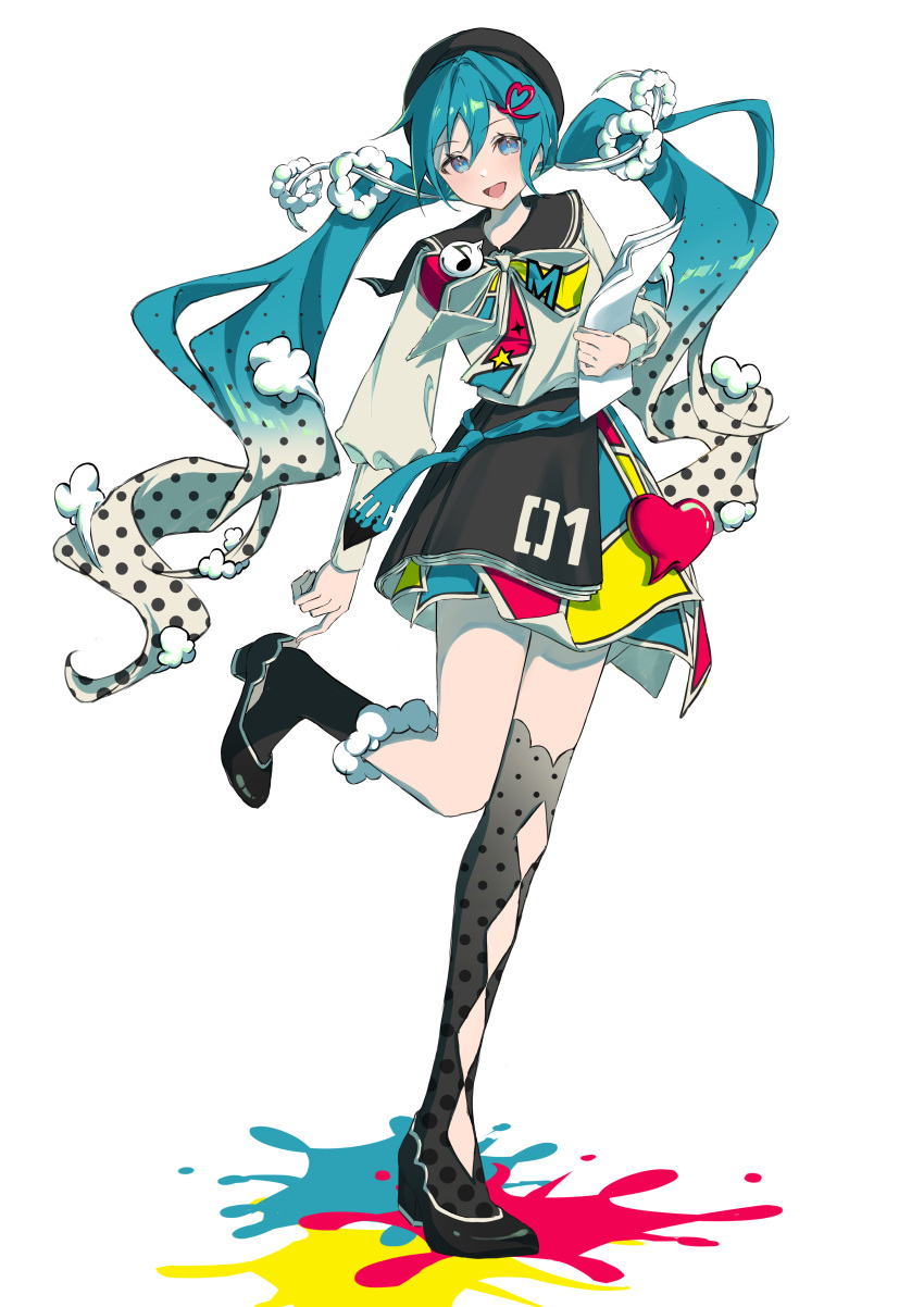 1girl, :d, absurdres, asymmetrical_legwear, black_hat, black_sailor_collar, black_shoes, black_socks