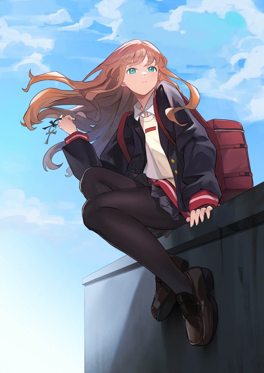 1girl, absurdres, black_bag, black_pantyhose, blue_skirt, blue_sky, brown_hair, clouds