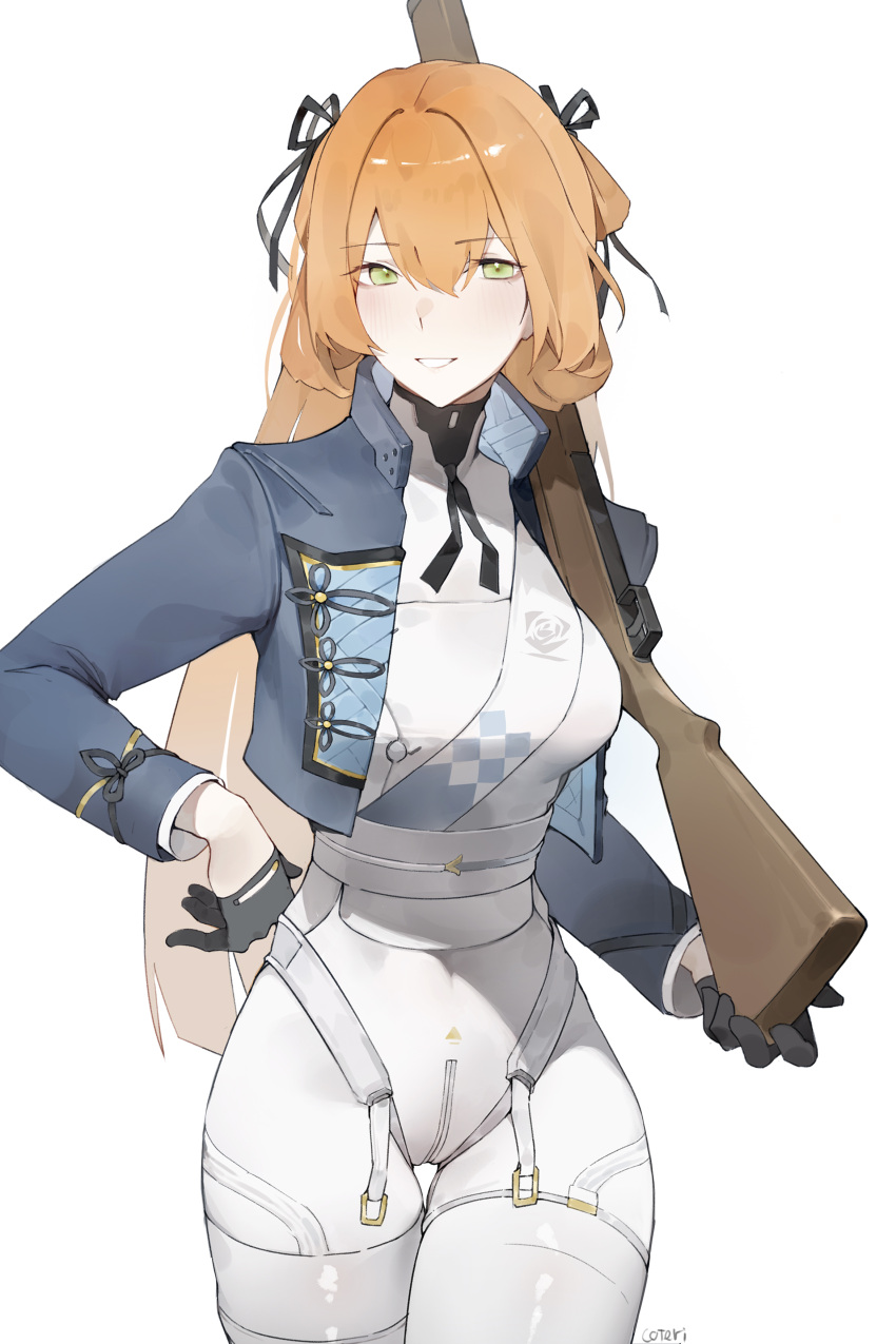 1girl, absurdres, artist_name, black_gloves, black_ribbon, blue_jacket, bolt_action, breasts