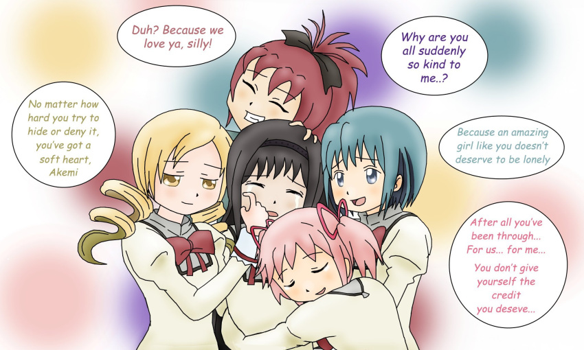 5girls, akemi_homura, black_bow, black_hair, blonde_hair, blue_hair, bow, crying, group_hug, highres, holy_quintet, hug, kaname_madoka, mahou_shoujo_madoka_magica, majka626, miki_sayaka, mitakihara_school_uniform, multiple_girls, pink_hair, red_hair, sakura_kyoko, school_uniform, speech_bubble, tomoe_mami