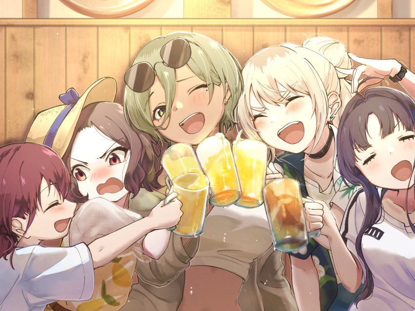 5girls, ahoge, awa_subaru, ayataka_syumimi, beer_mug, black_choker, black_hair, blush