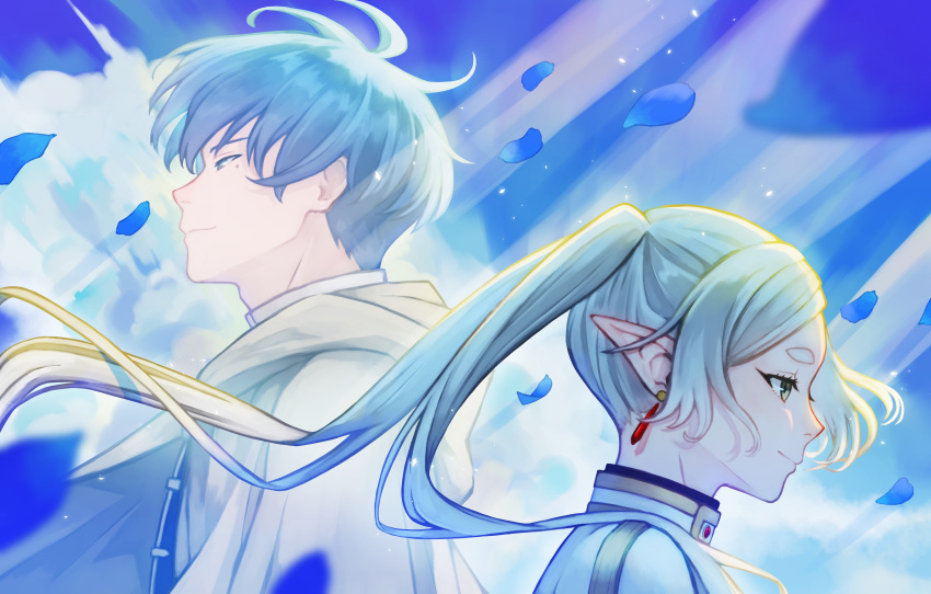 1boy, 1girl, absurdres, cloak, closed_mouth, commentary_request, earrings, floating_hair