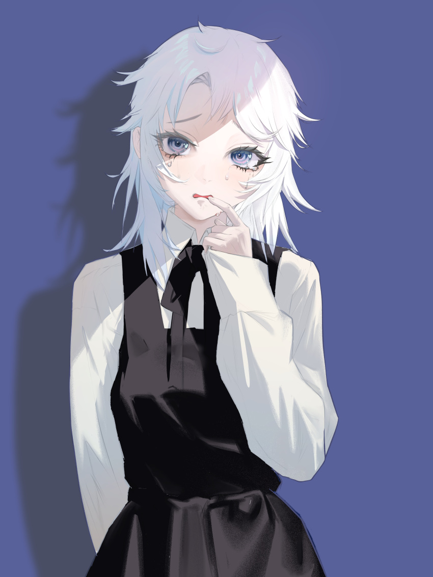 1girl, absurdres, chainsaw_man, commentary, crying, crying_with_eyes_open, dress, famine_devil_(chainsaw_man), fourth_east_high_school_uniform, highres, ivdimension, messy_hair, ringed_eyes, school_uniform, sleeveless, sleeveless_dress, solo, tears, white_hair