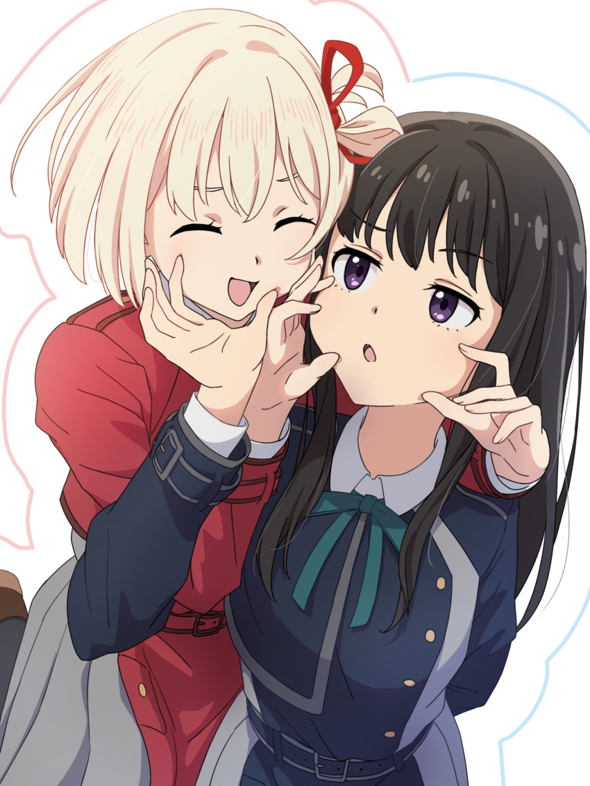 2girls, :d, :o, belt, black_hair, blonde_hair, blue_belt, blue_dress, commentary_request, dress, green_ribbon, grey_dress, hair_ribbon, highres, inoue_takina, looking_at_another, lycoris_recoil, lycoris_uniform, mochi_(znkn4524), multiple_girls, neck_ribbon, nishikigi_chisato, open_mouth, red_belt, red_dress, red_ribbon, ribbon, smile, tongue, two-tone_dress, violet_eyes, white_background