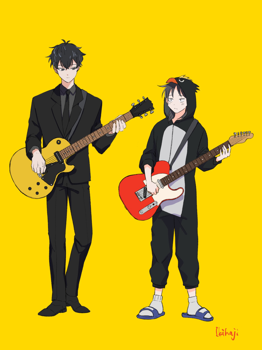 1boy, 1girl, :|, animal_costume, animal_hood, artist_name, black_eyes, black_hair, black_jacket, black_necktie, black_pants, black_suit, blue_sandals, closed_mouth, collared_shirt, commentary, cosplay, dress_shirt, electric_guitar, fender_telecaster, full_body, futsuu_no_keion-bu, gibson_les_paul, grey_shirt, guitar, guitar_strap, hatono_chihiro, height_difference, highres, holding, holding_guitar, holding_instrument, hood, hood_up, ikihaji, instrument, jacket, kigurumi, lapels, long_sleeves, mizuo_haruichi, necktie, notched_lapels, official_alternate_costume, pants, penguin_costume, penguin_hood, sandals, shirt, side-by-side, simple_background, slides, socks, standing, suit, suit_jacket, white_socks, yellow_background