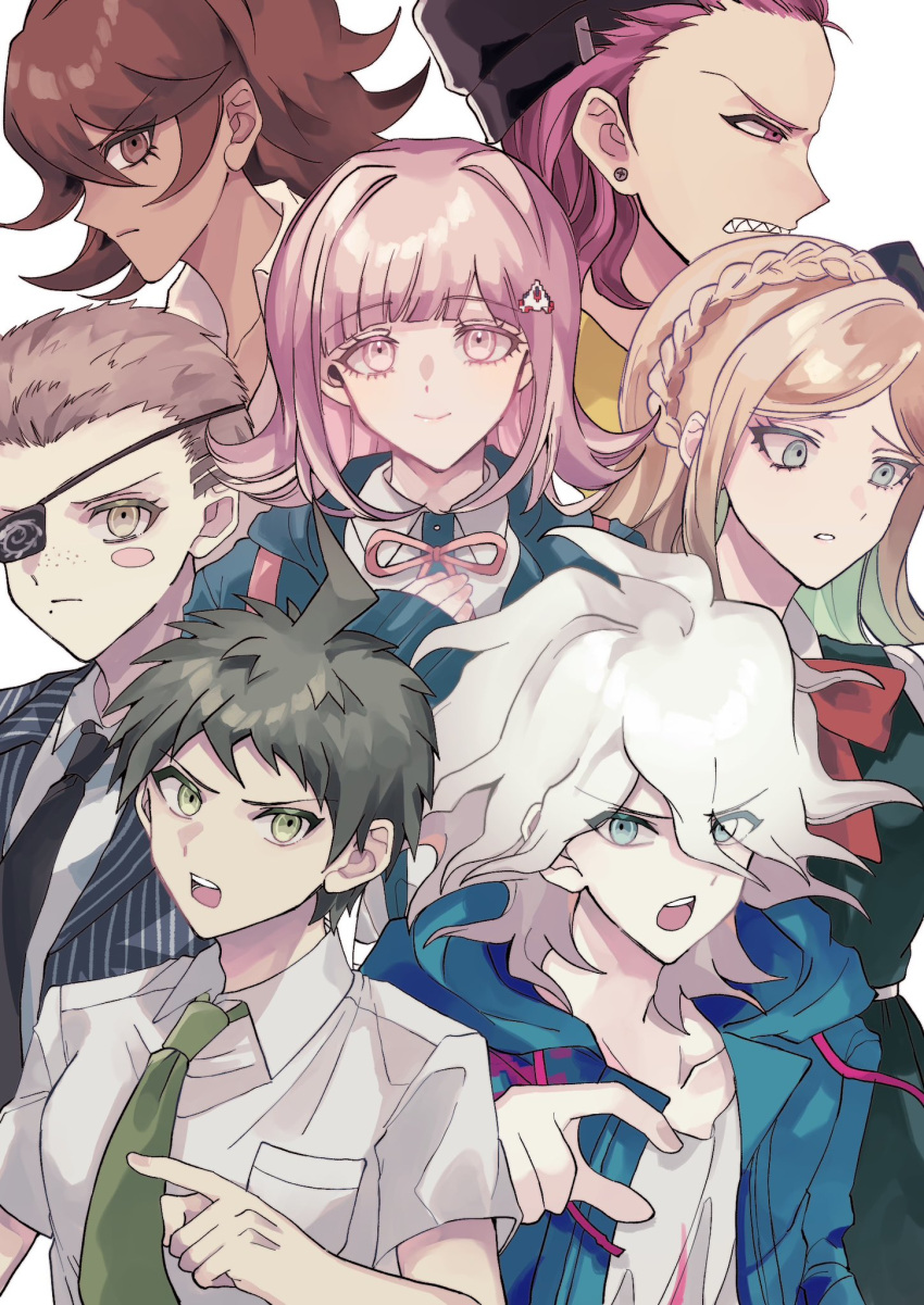 3girls, 4boys, black_bow, black_necktie, bow, braid, brown_hair, danganronpa_(series), danganronpa_2:_goodbye_despair, dark-skinned_female, dark_skin, dress_shirt, eyepatch, galaga, green_necktie, grey_hair, hair_bow, hakumai_(mgmg_okomee), highres, hinata_hajime, jacket, komaeda_nagito, kuzuryu_fuyuhiko, long_hair, medium_hair, multiple_boys, multiple_girls, nanami_chiaki, neck_ribbon, necktie, owari_akane, pink_ribbon, ribbon, shirt, smile, soda_kazuichi, sonia_nevermind, spaceship_hair_ornament, striped_clothes, striped_jacket, white_background