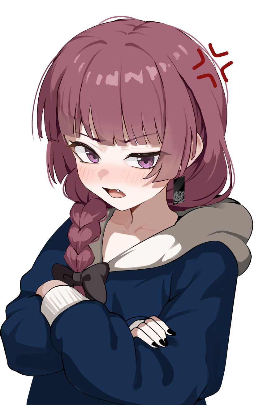 1girl, absurdres, agm, anger_vein, angry, black_bow, black_nails, blue_hoodie
