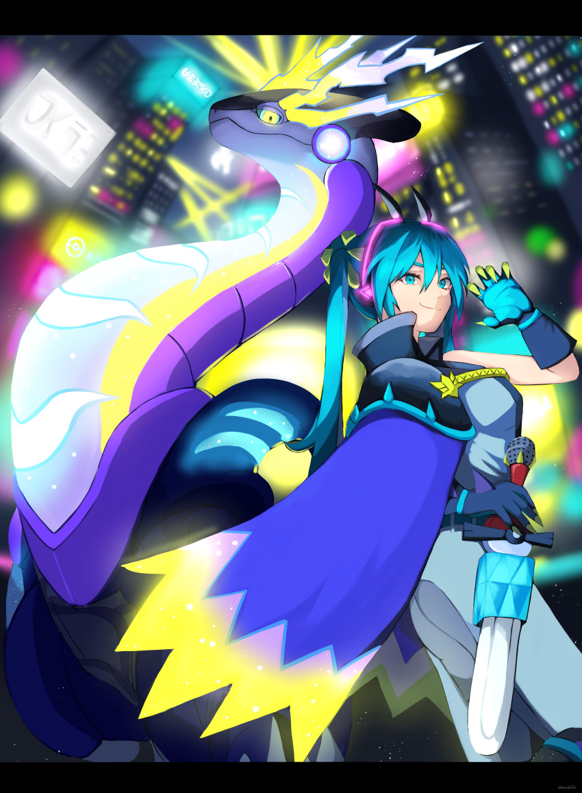 1girl, 1other, absurdres, aqua_eyes, aqua_gloves, aqua_hair, blonde_hair, breasts