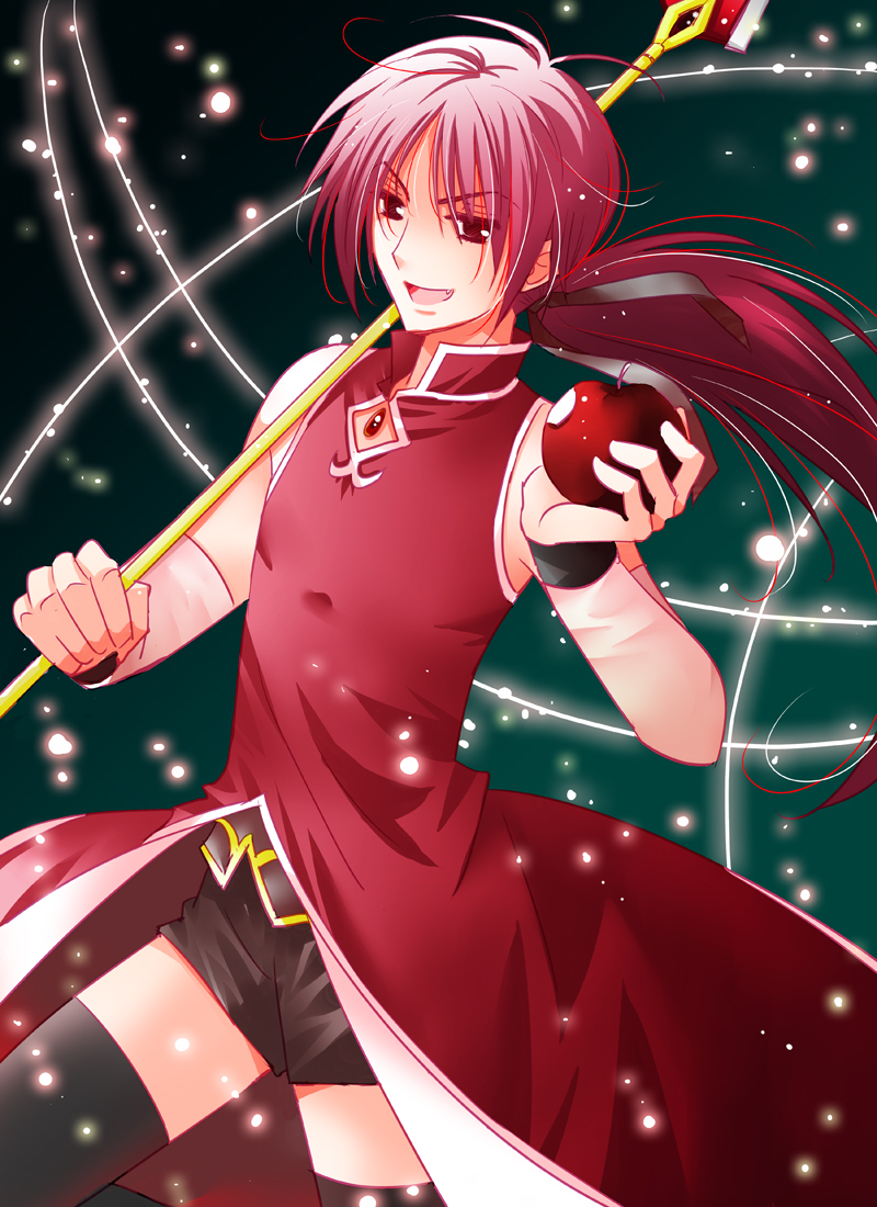 apo, apo_(777), apple, bare_shoulders, black_legwear, food, fruit, genderswap