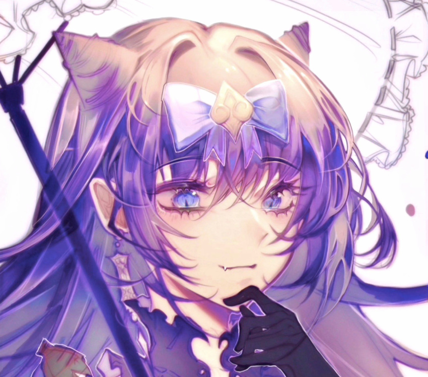 1girl, arcaea, black_gloves, blue_bow, blue_eyes, bow, closed_mouth, cone_hair_bun