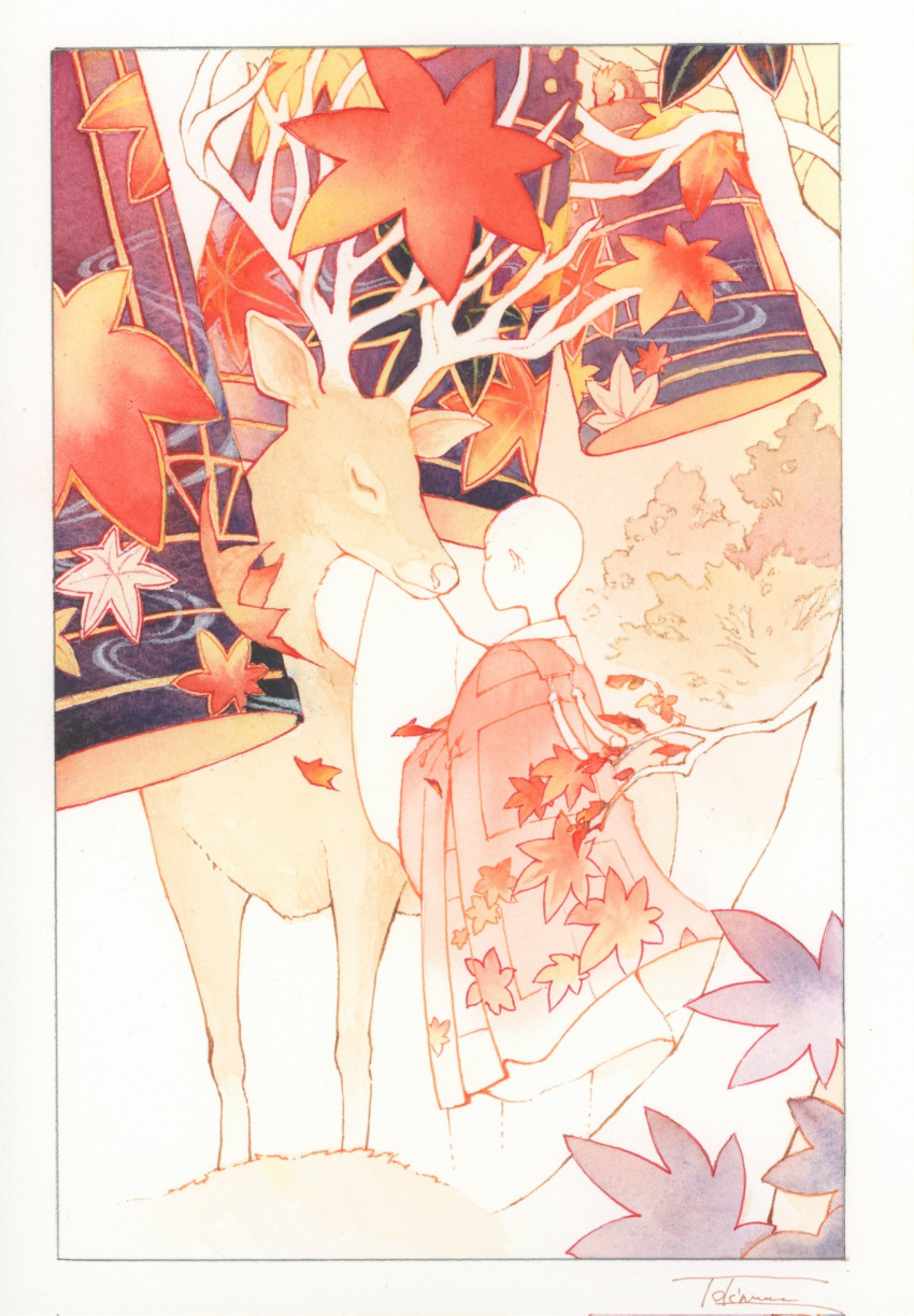 1girl, animal, antlers, autumn, autumn_leaves, bald, bald_female, bell, border, buddhist_nun, card_(medium), closed_eyes, commentary, deer, falling_leaves, hanafuda, highres, horns, kesa, leaf, maple_leaf, original, painting_(medium), robe, s.tokimura, signature, solo, standing, traditional_media, tree, watercolor_(medium), white_border, white_robe