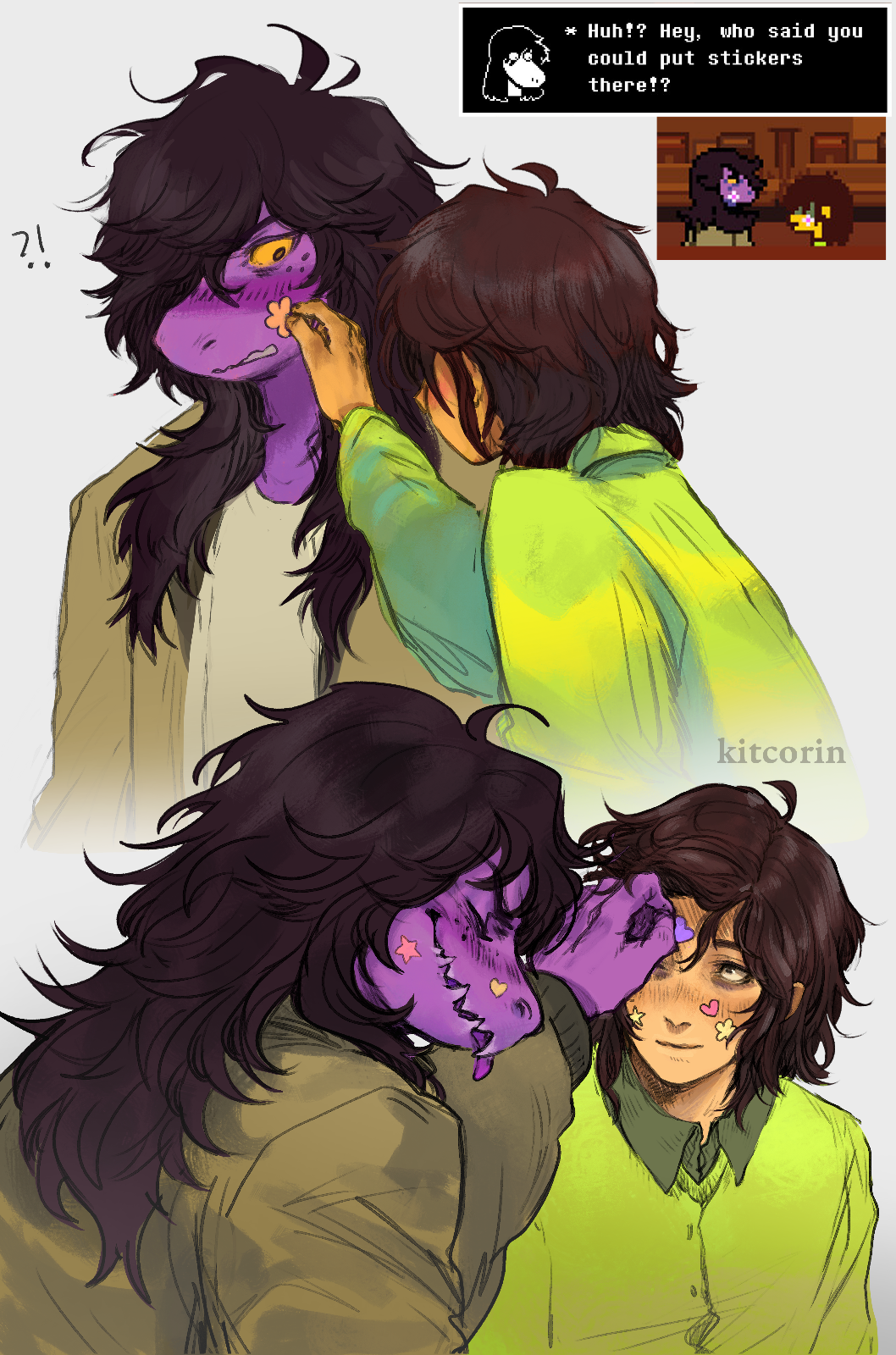 1girl, 1other, alternate_skin_color, blush, colored_skin, deltarune, freckles, furry, furry_female, highres, kitcorin, kris_(deltarune), long_hair, purple_skin, reptile_girl, sharp_teeth, shirt, smile, sticker_on_face, susie_(deltarune), teeth, tomboy