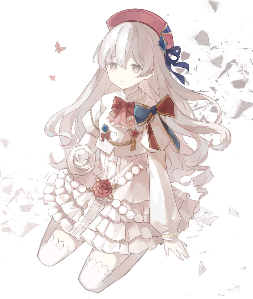 1girl, arcaea, beret, bow, bowtie, broken_glass, bug, butterfly