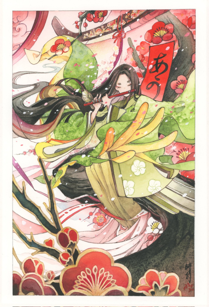 1girl, absurdly_long_hair, bird, bird_on_instrument, black_hair, border, card_(medium), closed_eyes, commentary, floral_print, floral_print_kimono, flower, flute, green_kimono, hanafuda, highres, hikimayu, holding, holding_flute, holding_instrument, in_tree, instrument, japanese_bush_warbler, japanese_clothes, kimono, long_hair, music, open_mouth, original, painting_(medium), paper, playing_flute, playing_instrument, plum_blossom_print, plum_blossoms, print_kimono, red_flower, s.tokimura, signature, sitting, sitting_in_tree, solo, traditional_media, tree, very_long_hair, watercolor_(medium), white_border, white_flower, wide_sleeves