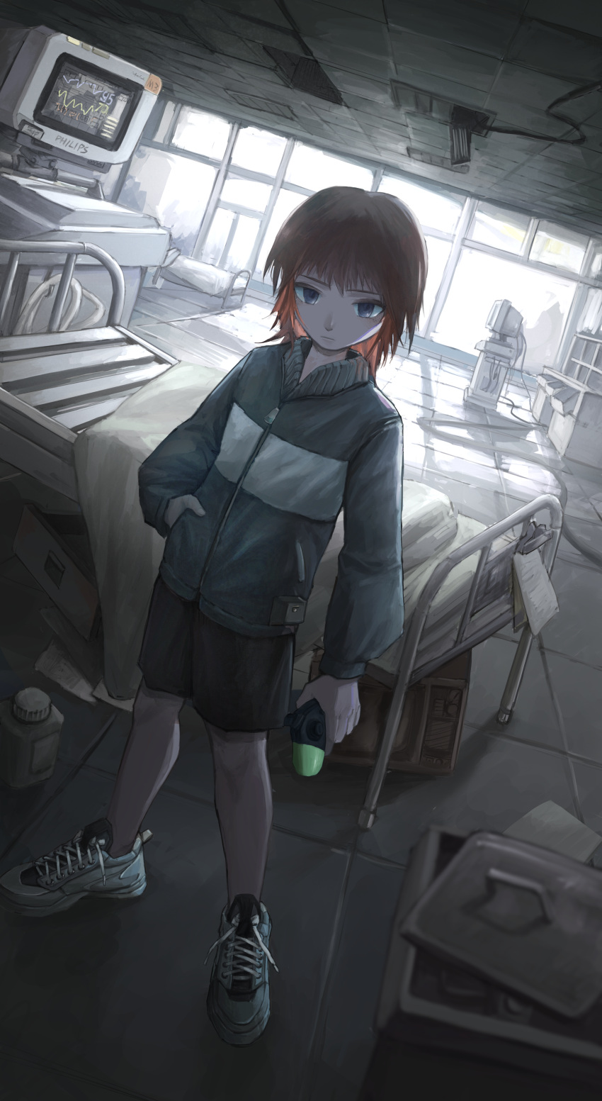 1girl, absurdres, bed, bed_sheet, bin_jiang, cardiogram, commentary, controller