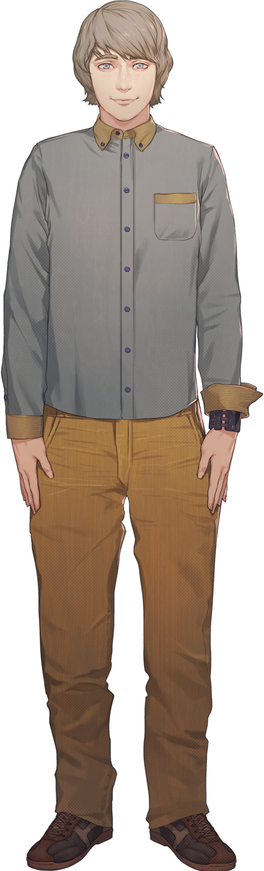 1boy, absurdres, arms_at_sides, blue_eyes, breast_pocket, brown_hair, brown_pants, brown_shoes, buttons, closed_mouth, collared_shirt, eric_(kyokugen_dasshutsu), full_body, grey_shirt, highres, kyokugen_dasshutsu, lips, long_sleeves, male_focus, official_art, pants, pocket, shirt, shoes, short_hair, smile, solo, standing, third-party_source, tomono_rui, transparent_background, watch, watch, zero_escape:_toki_no_dilemma
