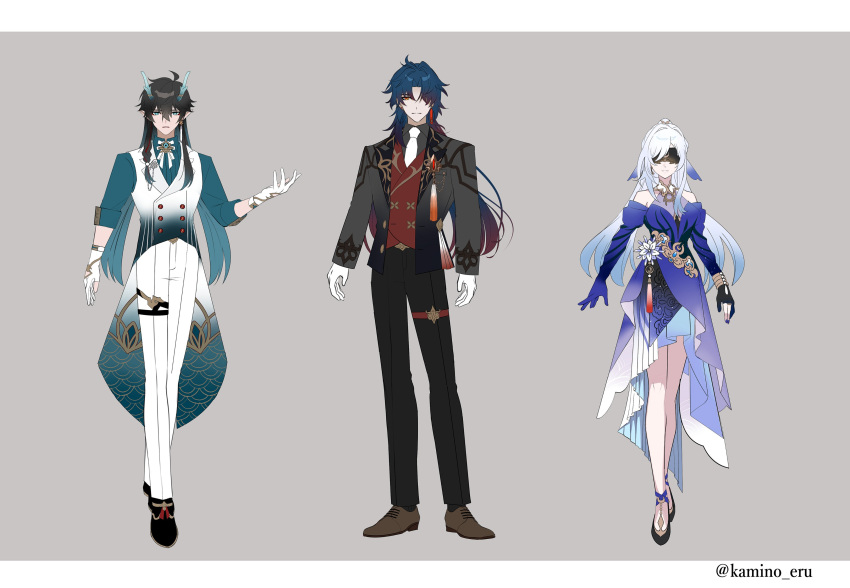 1girl, 2boys, absurdres, ahoge, asymmetrical_gloves, bare_shoulders, black_dress, black_gloves, black_hair, black_jacket, black_pants, black_shoes, black_socks, black_vest, blade_(honkai:_star_rail), blindfold, blue_dress, blue_eyes, blue_gloves, blue_hair, blue_nails, blue_shirt, blue_sleeves, border, bow, bowtie, bracelet, braid, brown_shoes, buttons, closed_mouth, collared_shirt, colored_blindfold, crescent, crescent_ornament, crescent_print, dan_heng_(honkai:_star_rail), dan_heng_(imbibitor_lunae)_(honkai:_star_rail), detached_sleeves, dragon_boy, dragon_horns, dress, earrings, eyeliner, fingernails, flower, flower_ornament, formal_clothes, full_body, gloves, gold_bracelet, gold_necklace, gold_ring, gradient_clothes, gradient_hair, grey_background, grey_jacket, grey_shirt, hair_between_eyes, hair_ornament, hair_over_one_eye, hand_up, highres, honkai:_star_rail, honkai_(series), horns, jacket, jewelry, jingliu_(honkai:_star_rail), kamino_eru, lapels, long_hair, long_sleeves, looking_at_viewer, makeup, mismatched_gloves, multicolored_hair, multiple_boys, nail_polish, necklace, necktie, official_alternate_costume, official_alternate_hairstyle, official_art, open_clothes, open_jacket, pants, partially_fingerless_gloves, pointy_ears, purple_hair, red_eyeliner, red_eyes, red_vest, seigaiha, shirt, shoes, sidelocks, simple_background, single_braid, single_earring, sleeveless, sleeveless_dress, smile, socks, standing, tassel, tassel_earrings, teeth, thigh_strap, two-tone_dress, vest, white_border, white_bow, white_bowtie, white_flower, white_gloves, white_hair, white_necktie, white_pants, white_vest