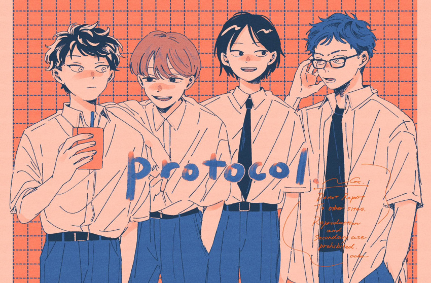 4boys, :d, :|, adjusting_eyewear, belt, black_belt, black_eyes, black_hair