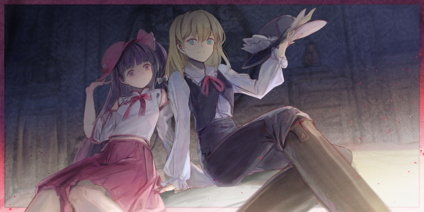 2girls, alice_margatroid, alternate_costume, black_pants, black_vest, blonde_hair, blue_eyes, boots, bow, bowtie, brown_boots, brown_hair, closed_mouth, collared_shirt, commentary_request, cosplay, detached_sleeves, dolls_in_pseudo_paradise, feet_out_of_frame, frilled_shirt_collar, frilled_sleeves, frills, hair_between_eyes, hair_bow, hakurei_reimu, hat, holding, holding_unworn_clothes, holding_unworn_hat, jacket_girl_(dipp), jacket_girl_(dipp)_(cosplay), karaqia, label_girl_(dipp), label_girl_(dipp)_(cosplay), light_smile, long_hair, long_sleeves, multiple_girls, neck_ribbon, pants, red_bow, red_bowtie, red_ribbon, red_skirt, ribbon, shirt, sitting, skirt, sleeveless, sleeveless_shirt, touhou, unworn_hat, unworn_headwear, vest, white_shirt