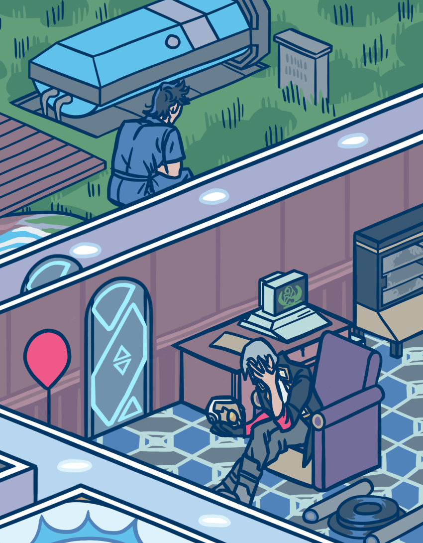 2boys, aged_up, armchair, balloon, black_hair, black_jacket, blue_pants, blue_shirt