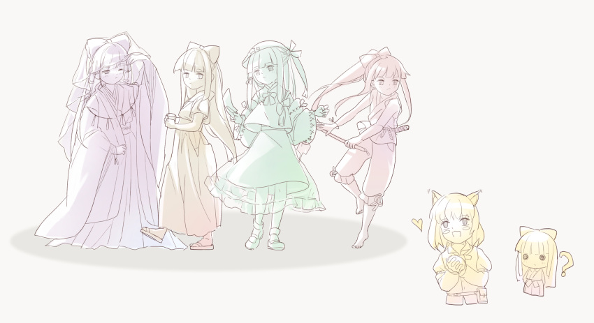 2girls, ?, alice_margatroid, alternate_costume, animal_ears, barefoot, bow, bowtie