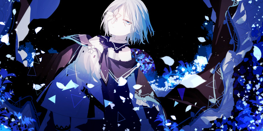 1girl, absurdres, arcaea, bare_shoulders, black_background, black_cape, blue_eyes, blue_petals