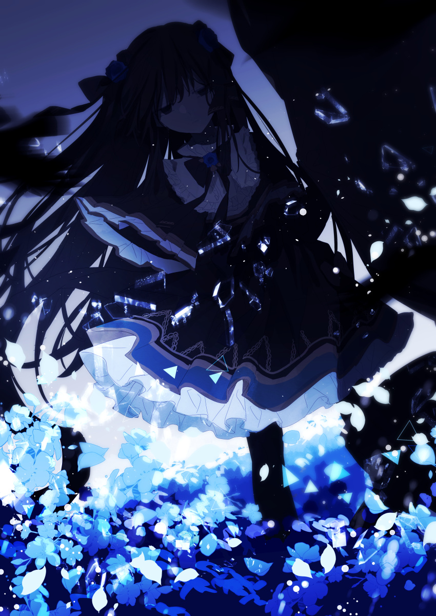 1girl, absurdres, arcaea, black_bow, black_bowtie, black_dress, black_eyes, black_hair