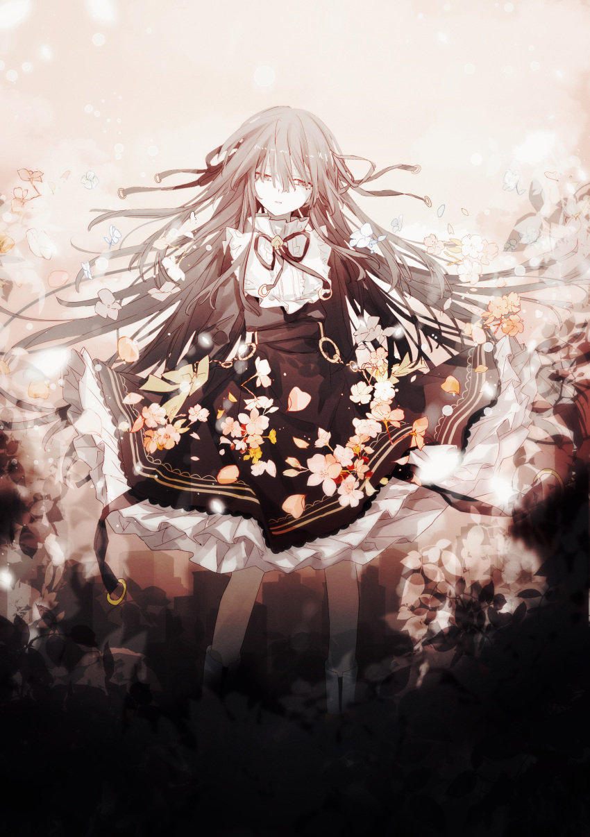 1girl, absurdres, arcaea, black_dress, black_ribbon, chinese_commentary, commentary_request, dress