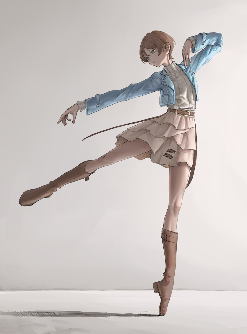 1girl, absurdres, and_fersent, arms_up, ballet, blue_jacket, boots, brown_boots