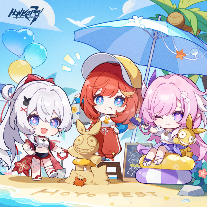 3girls, ;), ahoge, beach, beach_umbrella, bikini, black_skirt, blue_eyes