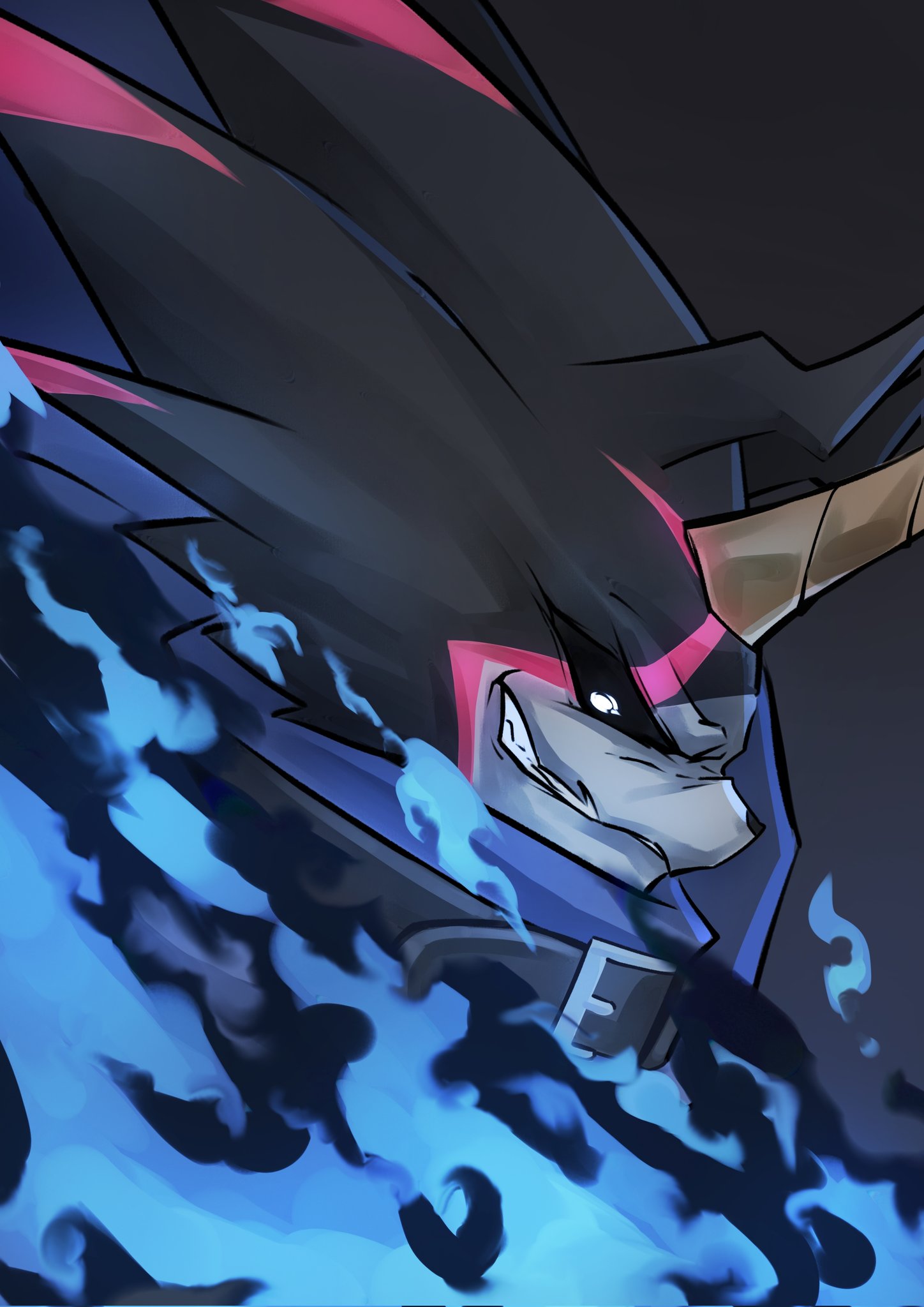 black_background, black_sclera, blue_fire, colored_sclera, digimon, digimon_(creature), dragon, dragon_horns, fire, gamr1p, gulusgammamon, highres, horns, profile, simple_background, single_horn, smirk, upper_body