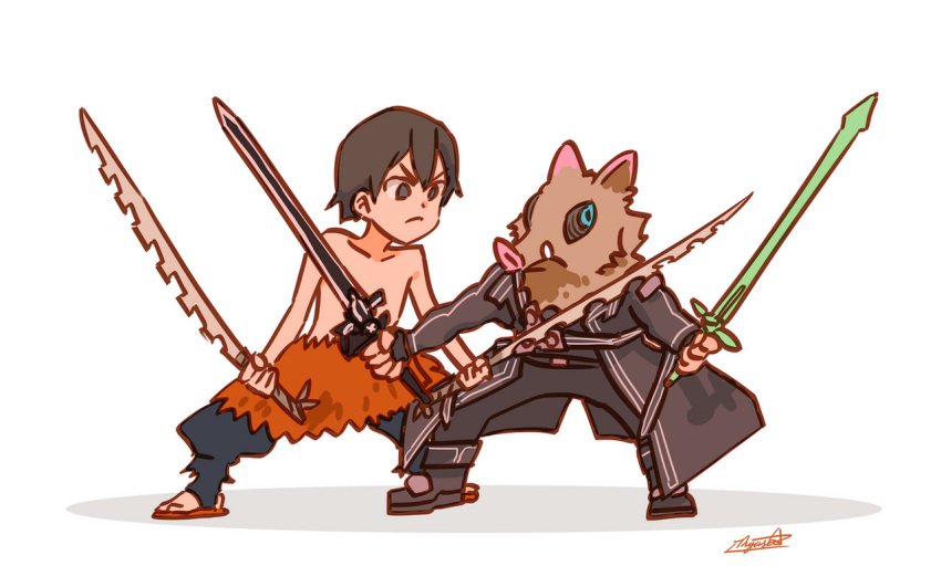 2boys, angry, artist_name, black_eyes, black_hair, boar_mask, bryce_papenbrook, closed_mouth