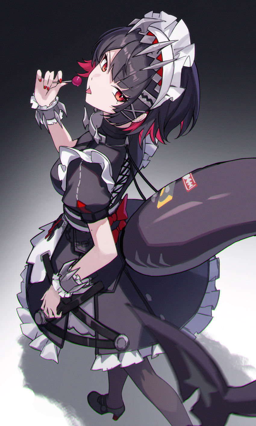 1girl, absurdres, apron, black_hair, black_pantyhose, bow, bowtie, candy, colored_inner_hair, dress, ellen_joe, fins, fish_tail, food, frilled_dress, frilled_wrist_cuffs, frills, hair_ornament, hairband, highres, holding, holding_candy, holding_food, holding_lollipop, lollipop, looking_at_viewer, maid, maid_apron, maid_headdress, metal_hairband, metal_wrist_cuffs, mole, mole_under_eye, multicolored_hair, nail_polish, pantyhose, puffy_short_sleeves, puffy_sleeves, red_bow, red_bowtie, red_eyes, red_hair, red_nails, shali, shark_girl, shark_tail, short_hair, short_sleeves, simple_background, solo, tail, wrist_cuffs, zenless_zone_zero