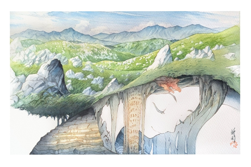 1girl, blue_sky, border, boulder, branch, cave, closed_eyes, closed_mouth, commentary, giant, giantess, grass, head_down, highres, karst, mountain, original, painting_(medium), plateau, real_world_location, s.tokimura, signature, sky, smile, solo, stalactite, traditional_media, watercolor_(medium), white_border