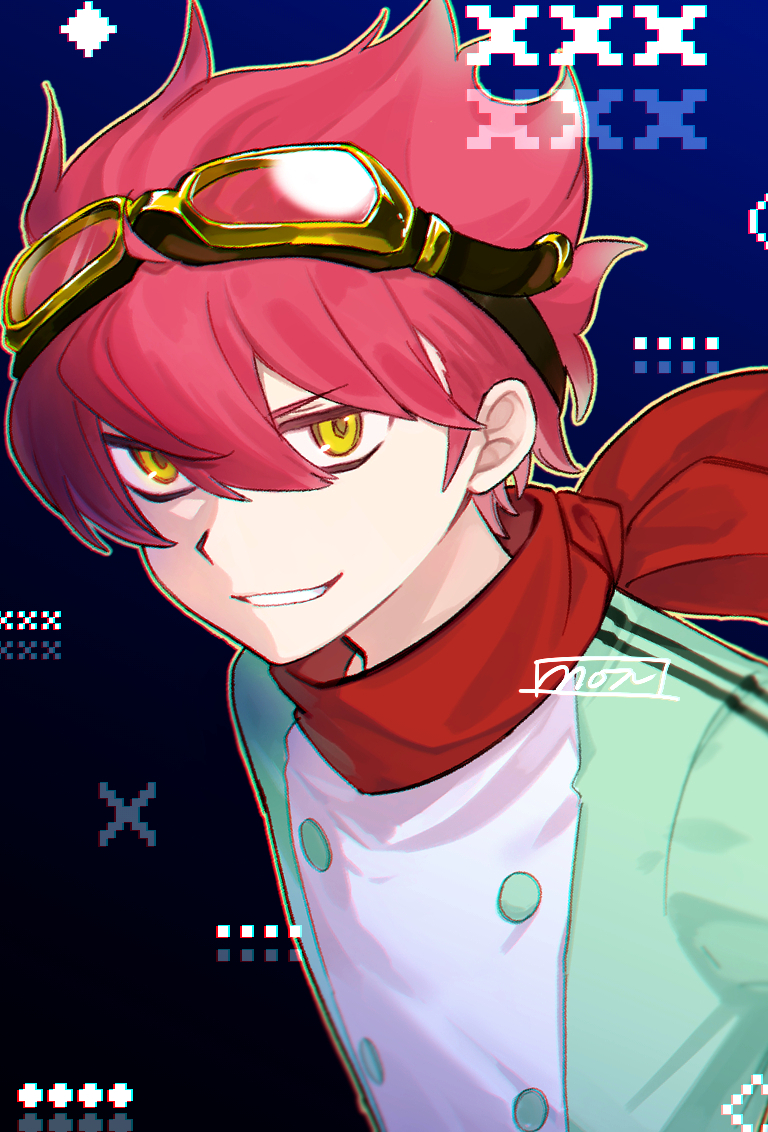 1boy, blue_background, digimon, digimon_story:_time_stranger, goggles, goggles_on_head, green_jacket, jacket