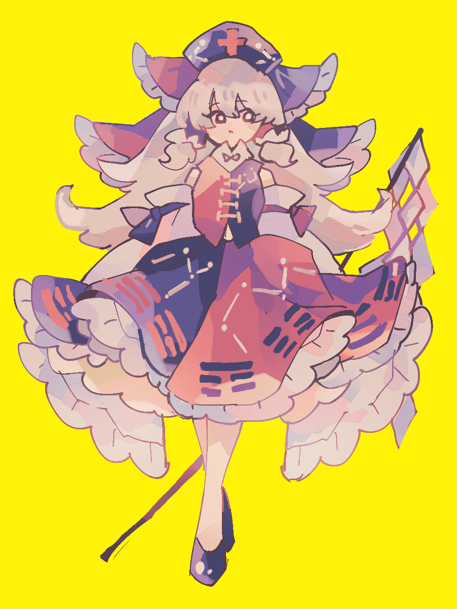 1girl, adapted_costume, bow, commentary_request, constellation_print, cross, detached_sleeves, frilled_bow