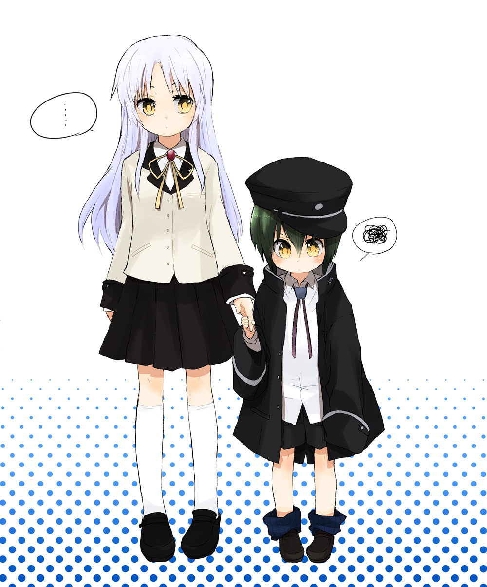 angel_beats!, asami_(highway), bad_id, blazer, green_hair, hand_holding, highres, holding_hands