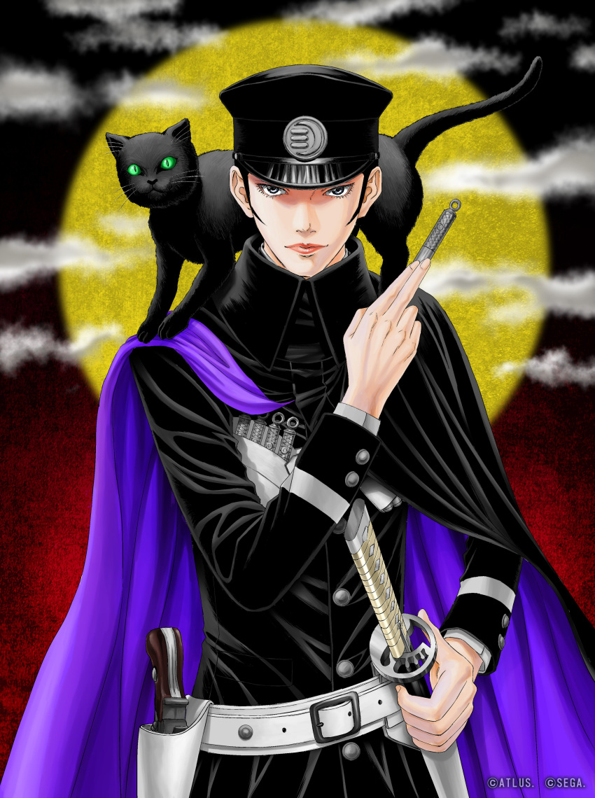 1boy, absurdres, black_cat, black_hair, cat, cloak, commentary_request, devil_summoner:_raidou_kuzunoha_vs_the_soulless_army