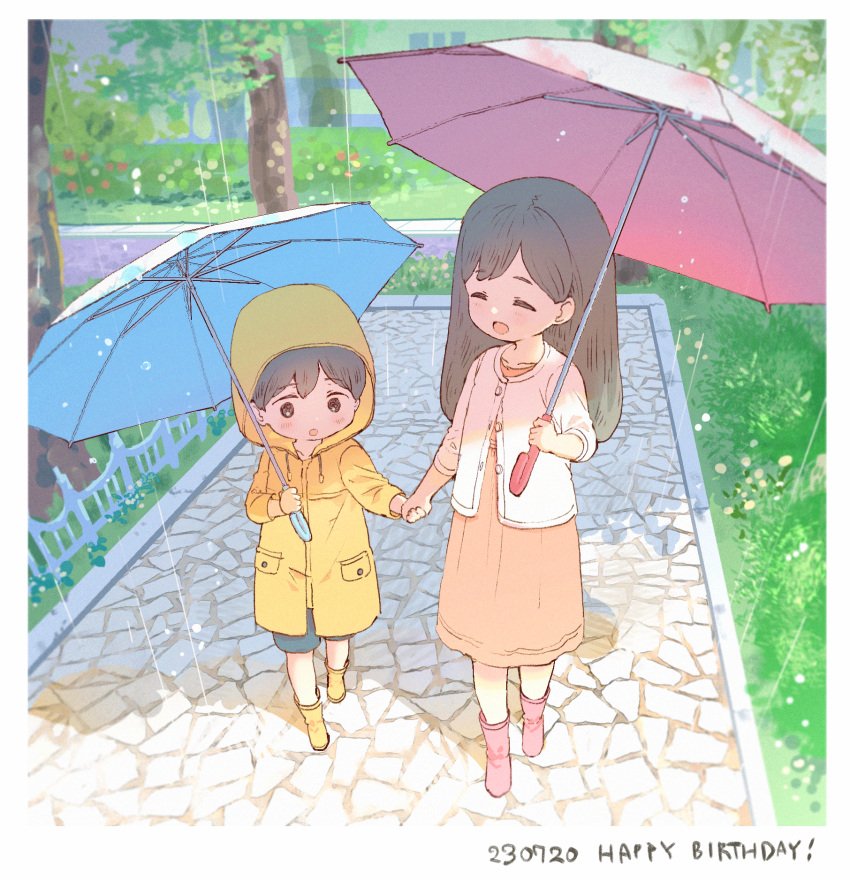 1boy, 1girl, :d, :o, aged_down, black_eyes, black_hair, blue_shorts, blue_umbrella, blush, boots, border, brother_and_sister, bush, buttons, child, closed_eyes, collarbone, commentary, dated, double-parted_bangs, dress, english_commentary, fence, full_body, happy_birthday, highres, holding, holding_hands, holding_umbrella, hood, hood_up, hooded_coat, jacket, long_hair, long_sleeves, mari_(faraway)_(omori), mari_(omori), medium_dress, omori, open_mouth, orange_dress, outdoors, parted_bangs, partially_unbuttoned, pink_boots, pink_umbrella, rain, raincoat, rubber_boots, short_hair, shorts, siblings, side-by-side, smile, stone_walkway, sunlight, sunny_(omori), tree, umbrella, vi_(12930432_bsk), walking, water_drop, white_border, white_jacket, yellow_boots, yellow_raincoat