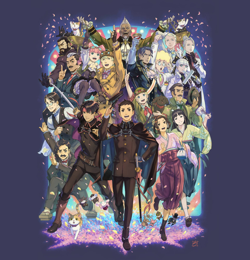 6+boys, 6+girls, :d, :o, ace_attorney, albert_harebrayne, aqua_eyes, ashley_graydon, barok_van_zieks, beard, black_gloves, blonde_hair, brown_eyes, brown_gloves, brown_hair, cat, chuunosuke_(ace_attorney), cloak, courtney_sithe, dog, facial_hair, fingerless_gloves, full_beard, gakuran, gina_lestrade, glasses, gloves, goatee, grin, hat, herlock_sholmes, highres, holding, holding_sword, holding_unworn_clothes, holding_unworn_hat, holding_weapon, iris_wilson, katana, kazuma_asogi, long_hair, looking_at_viewer, mael_stronghart, maria_gorey, meiji_schoolgirl_uniform, multiple_boys, multiple_girls, mustache, nuri_kazuya, nyasogi, official_art, one_eye_closed, pink_hair, rei_membami, ryunosuke_naruhodo, satoru_hosonaga, school_uniform, second-party_source, seishiro_jigoku, short_hair, smile, soseki_natsume, suit, susato_mikotoba, sword, the_great_ace_attorney, the_great_ace_attorney_2:_resolve, tobias_gregson, toby_(ace_attorney), unworn_hat, unworn_headwear, usato_(ace_attorney), wagahai_(ace_attorney), weapon, white_hair, yujin_mikotoba