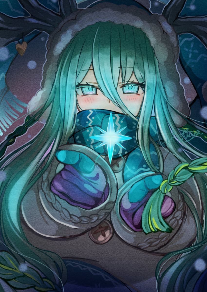 0kami_89zo, 1girl, antlers, antlers_through_headwear, aqua_eyes, aqua_hair, blue_scarf, blush