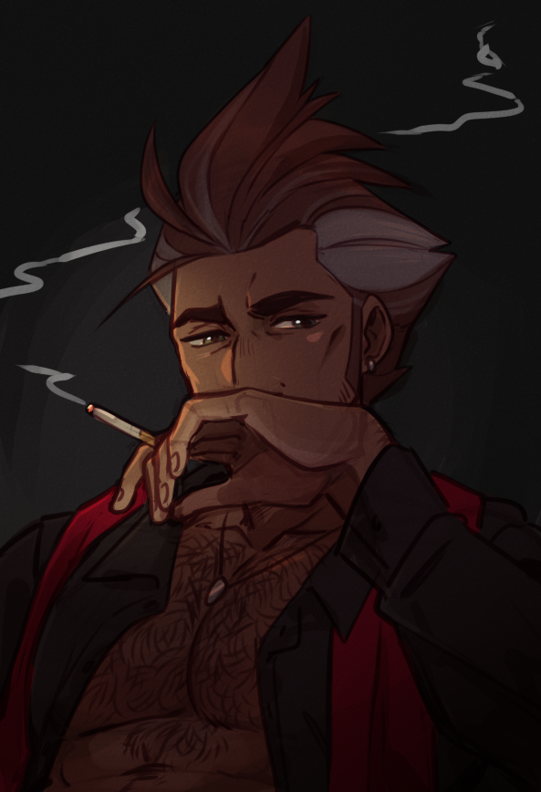 1boy, cabanela, chest_hair, cigarette, dark_background, earrings, facial_hair, fungiidraws, ghost_trick, grey_hair, hand_up, holding, holding_cigarette, jewelry, long_sleeves, looking_at_viewer, male_focus, mature_male, multicolored_hair, necklace, open_clothes, open_shirt, sideburns, smoking, solo, spiky_hair, streaked_hair, stubble